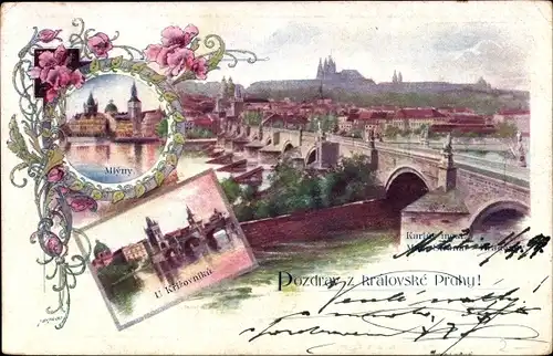 Künstler Ak Praha Prag, Mlyny, Krizovniku, Malá Strana, Panoramablick