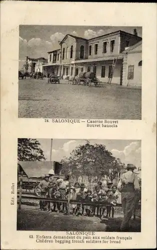 Ak Thessaloniki Griechenland, Französische Kaserne Bouvet, französischer Soldat, griechische Kinder
