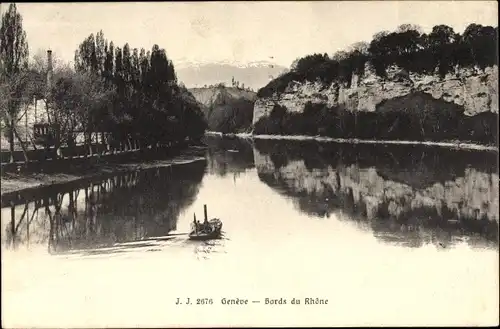 Ak Genève Genf Stadt Schweiz, Bords du Rhone, Flusspartie, Dampfschiff, Gebirge