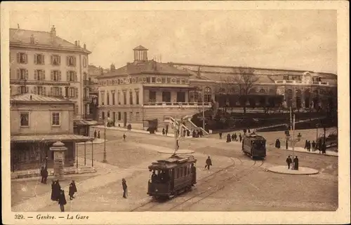 Ak Genf Genf Schweiz, Der Bahnhof, Straßenbahn