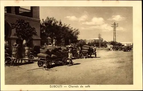 Ak Dschibuti, Fuhrwerke, Transport von Kaffeebohnen