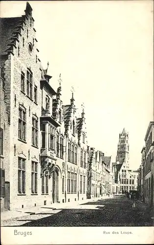 Ak Brügge Brügge Flandern Westflandern, Rue des Loups, Straßenpartie, Giebelhäuser, Turm