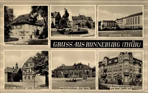 Ak Ronneburg Thüringen, Krankenhaus, OdF Denkmal, Joliot Curie Oberschule, HOG Wismut Glück auf