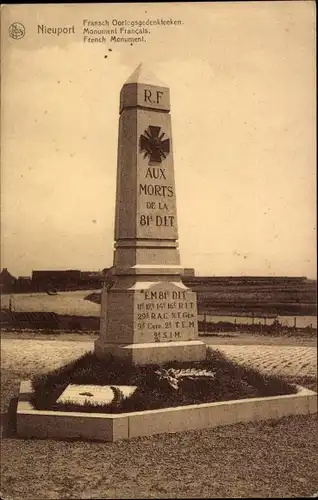 Ak Nieuport Nieuwpoort Westflandern, Französisches Denkmal