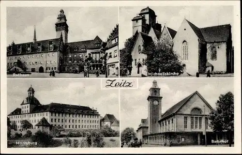 Ak Zeitz im Burgenlandkreis, Rathaus, Michaeliskirche, Moritzburg, Bahnhof