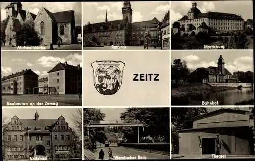 Ak Zeitz Burgenlandkreis, Kirche, Bahnhof, Theater, Moritzburg, Volksbad, Rathaus, Neubauten Zemag