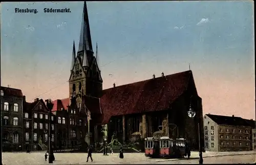 Ak Flensburg, Südermarkt, Kirche, Straßenbahnen