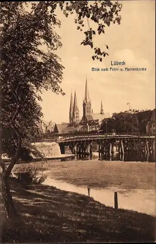 Ak Hansestadt Lübeck, Petrikirche, Marienkirche, Brücke
