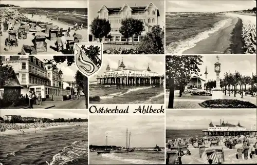 Ak Ostseebad Ahlbeck Heringsdorf auf Usedom, Strandpartie, Boote, Strandkörbe, Wappen