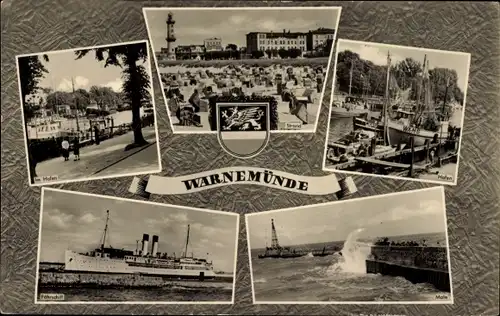 Ak Ostseebad Warnemünde Rostock, Hafen, Strand, Wappen
