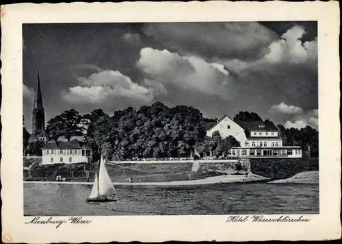 Ak Nienburg an der Weser, Hotel Weserschlösschen, Segelboot