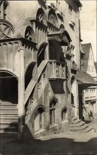 Ak Pößneck in Thüringen, Aufgang zum Rathaus