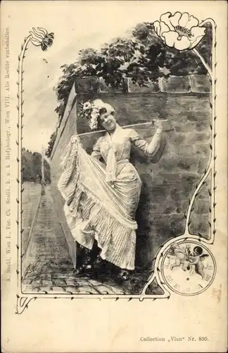 Ak Frau im Kleid mit Hut, Blumen, Uhr, Engel