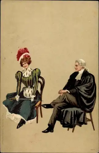 Litho Liebespaar, Frau mit Gehstock, Kleid, Hut, Mann mit Perücke