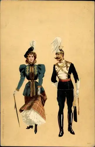 Litho Elegante Dame, Mann in Uniform, Federhelm, Stiefel, Offizier