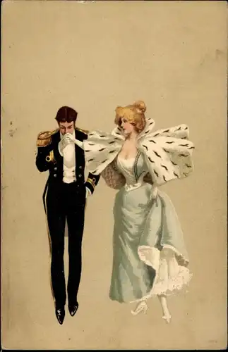 Litho Mann in Uniform, Frau im Kleid, Handkuss