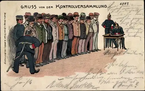 Litho Kontrollversammlung, Deutsche Soldaten in Uniformen, Männer stehen in der Reihe