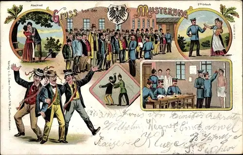 Litho Gruß von der Musterung, Rekruten, Abschied, Urlaub, Vermessung