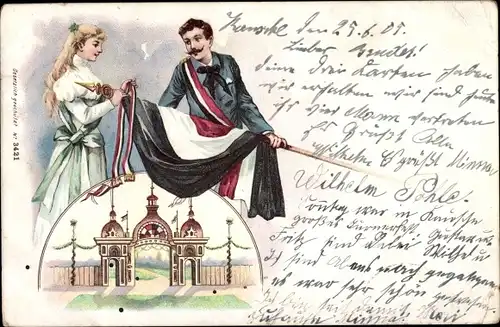 Litho Turner mit Fahne, Eingangstor, Turnfest