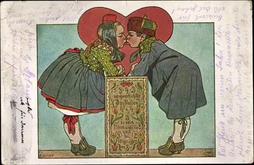 Ak Liebespaar beim Küssen, Hessische Tracht