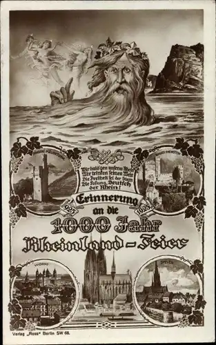 Ak 1000-Jahrfeier Rheinland, Vater Rhein, Kölner Dom, Binger Mäuseturm, Schloss Rheinstein