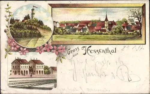 Litho Hessenthal Hessental Schwäbisch Hall in Württemberg, Bahnhof, Gleisseite, Aussichtsturm