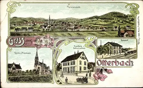 Litho Otterbach in der Pfalz, Bahnhof, Gleisseite, Kirche, Handlung, Totalansicht, Pfarrhaus