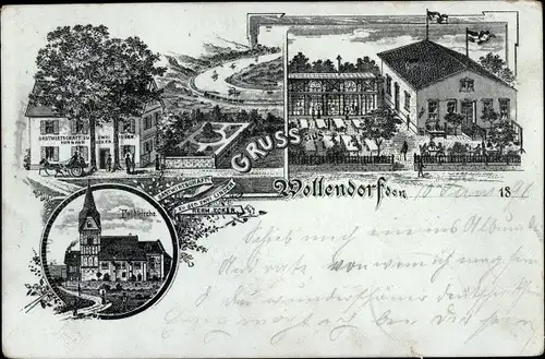 Litho Wollendorf Neuwied am Rhein, Gasthaus zu den zwei Linden, Feldkirche