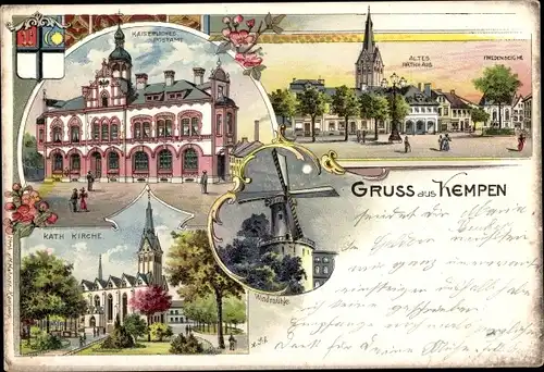 Litho Kempen am Niederrhein, Rathaus, Postamt, Katholische Kirche, Windmühle