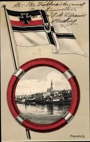 Passepartout Ak Flensburg in Schleswig Holstein, Blick auf die Stadt, Fahne, Eisernes Kreuz