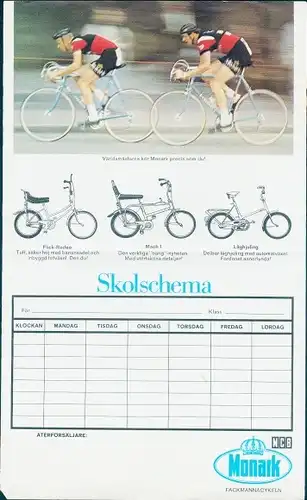 Stundenplan Monark Fahrräder Dänemark, Rennradfahrer, Bonanzarad um 1980