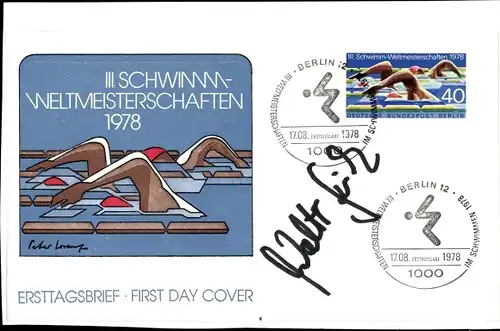 Maximum Ak Autogramm von Fritz Walter, Fußballspieler, III. Schwimm-Weltmeisterschaften 1978