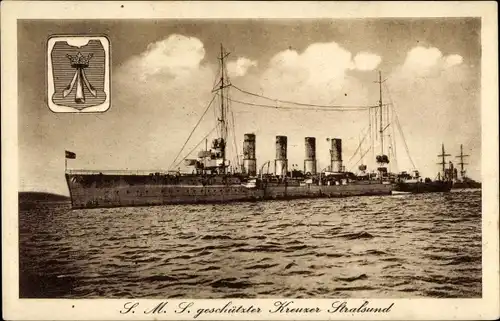 Ak Deutsches Kriegsschiff, SMS geschützter Kreuzer Stralsund, Kaiserliche Marine, Wappen