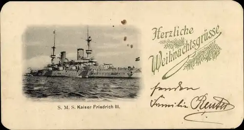 Ak Deutsches Kriegsschiff, SMS Kaiser Friedrich III., Linienschiff, Kaiserliche Marine, Glückwunsch
