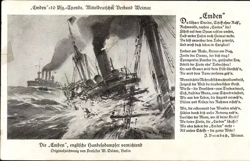 Künstler Ak Stöwer, Willy, Deutsches Kriegsschiff, SMS Emden, Kleiner Kreuzer, Gedicht