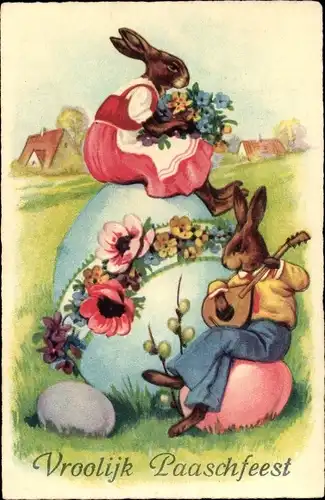 Ak Glückwunsch Ostern, Osterei, Osterhase spielt Gitarre, Weidenkätzchen