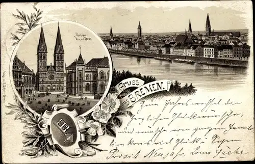 Vorläufer Litho Hansestadt Bremen, Totalansicht, Rathaus, Dom, Börse, 1893