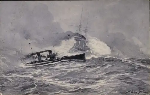 Künstler Ak Stöwer, W., Torpedoboots-Angriff in der Nordsee