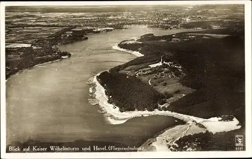 Ak Berlin Wilmersdorf Grunewald, Blick auf Kaiser Wilhelmsturm und Havel, Fliegeraufnahme