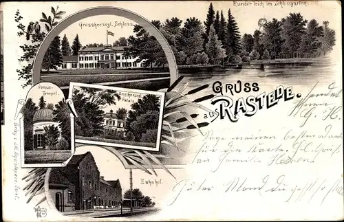 Litho Rastede in Oldenburg, Runder Teich, Schloss, Palais, Venustempel, Bahnhof