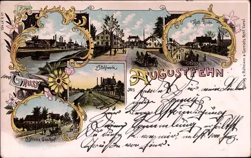 Litho Augustfehn Apen in Oldenburg Ammerland, Kirche, Stahlwerk, Gasthof