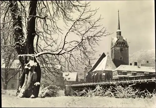 Ak Untermhaus Gera in Thüringen, Kirche, Brücke, Winteransicht