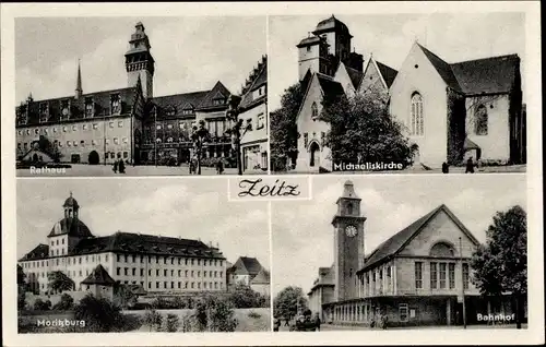 Ak Zeitz im Burgenlandkreis, Rathaus, Michaeliskirche, Moritzburg, Bahnhof