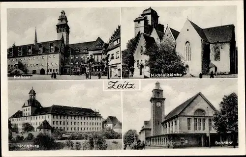 Ak Zeitz im Burgenlandkreis, Rathaus, Michaeliskirche, Moritzburg, Bahnhof