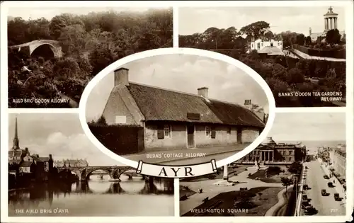 Ak Ayr Schottland, Burn's Cottage Alloway, Banks Odoon Tea Gardens Alloway, The Auld Brig