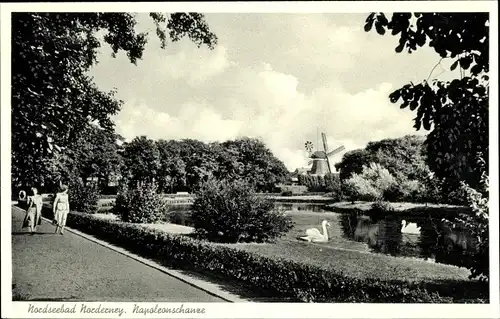 Ak Nordseebad Norderney Ostfriesland, Napoleonschanze, Windmühle, Schwäne