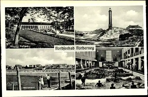 Ak Norderney in Ostfriesland, Kurhaus, Leuchtturm, Wellenbad, Weststrand