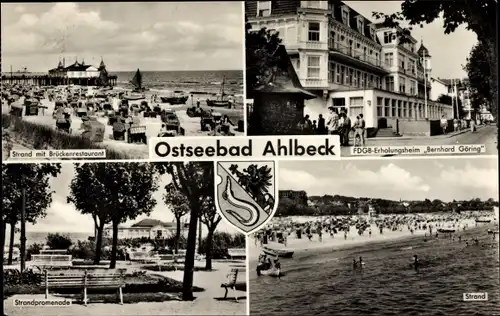 Ak Ostseebad Ahlbeck Heringsdorf auf Usedom, Strand mit Brückenrestaurant, Strandpromenade