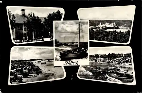 Ak Ostseebad Ahlbeck Heringsdorf auf Usedom, Strand mit Seebrücke, Segelboot