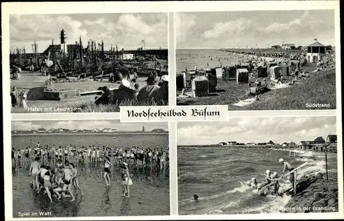 Ak Nordseebad Büsum, Spiel im Watt, Südstrand, Hafen mit Leuchtturm, Baden in der Brandung